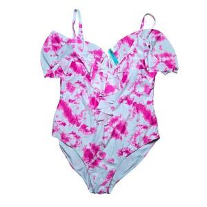 Tie-Dye Pink Ruffle One-Piece Swimsuit Womens 3XL Nova Swim NEW